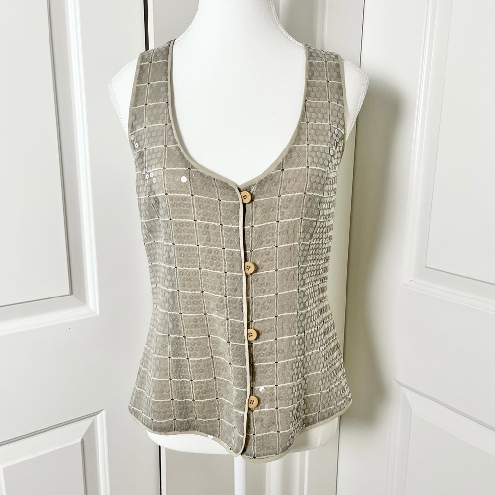 Giorgio Armani Beige Sequin Grid Tank Top
